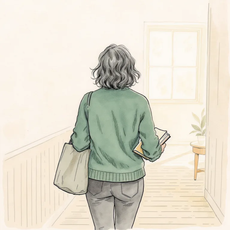 An adult professional walks through a sunlit office hallway carrying a notebook, seen from behind.